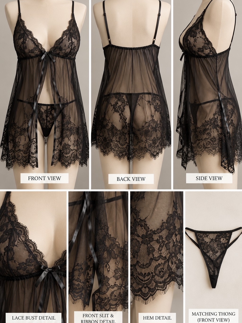 Elegant Sheer Lace Babydoll Chemise with Matching Thong - Black